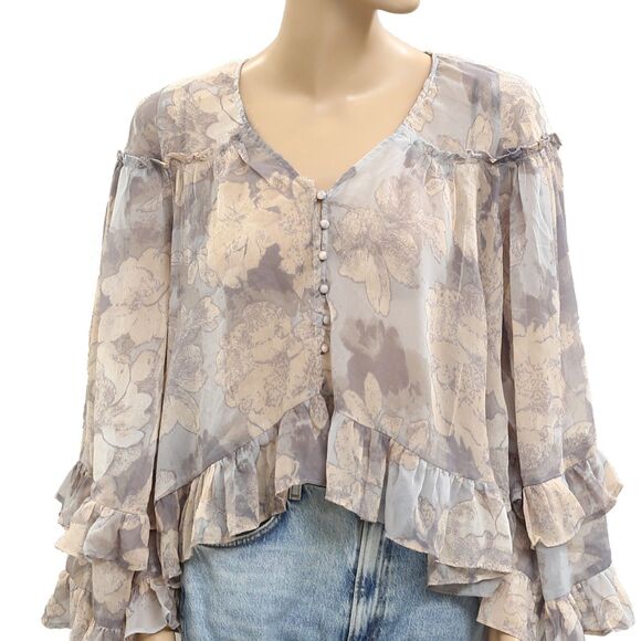 Free People Floral Printed Top Ruffle Sheer Long Sleeve High Low XS NEW 281366 - Picture 2 of 5